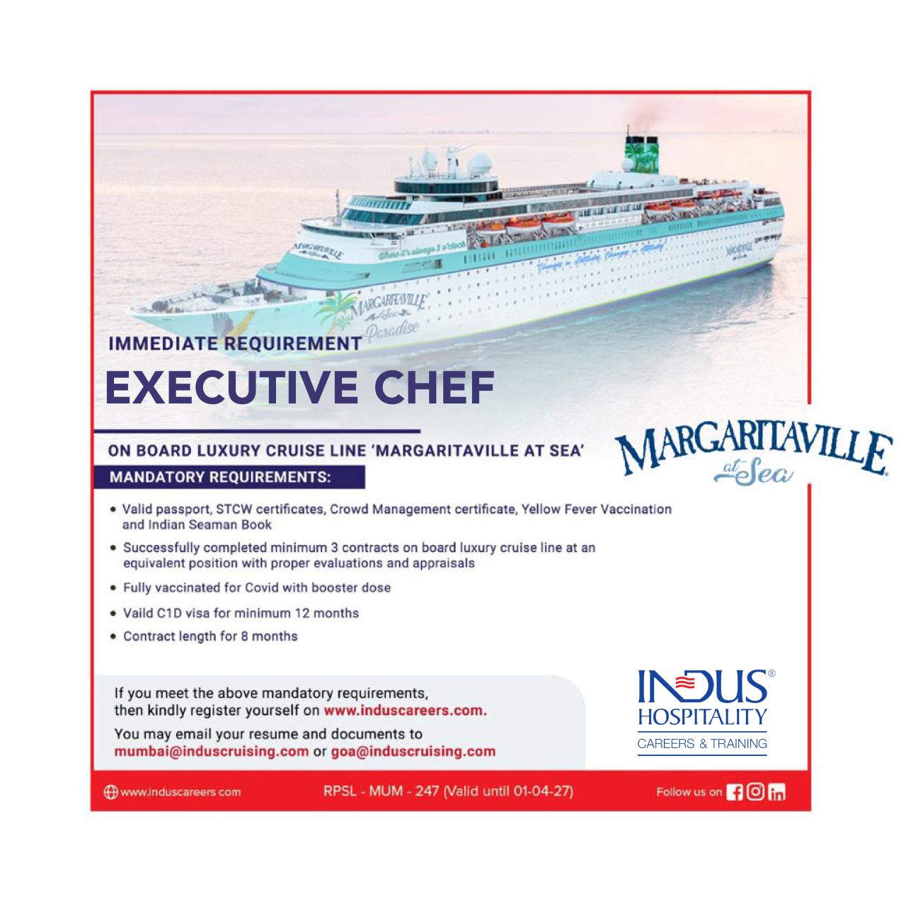 Immediate requirement for Executive chef. Apply now with Indus Careers