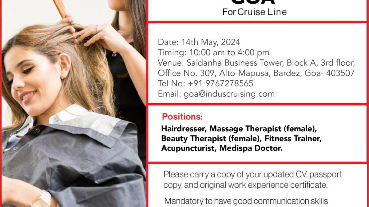 Girl sitting in salon getting her hair done by hairdresser. Advert describing job opening for Hairdresser in Goa